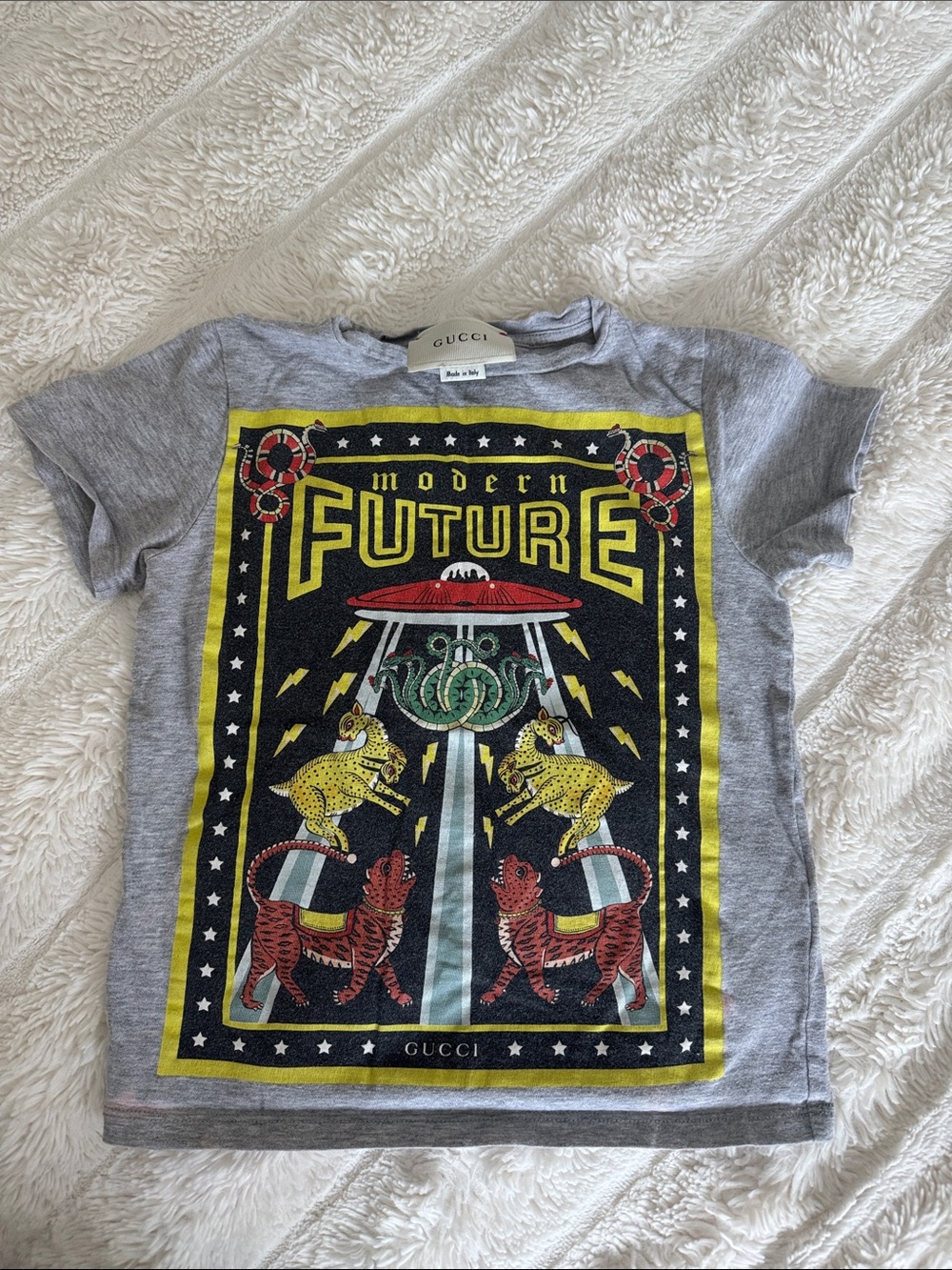 Gucci Gray Kids 'Modern Future' Graphic Tee with Yellow & Red Print